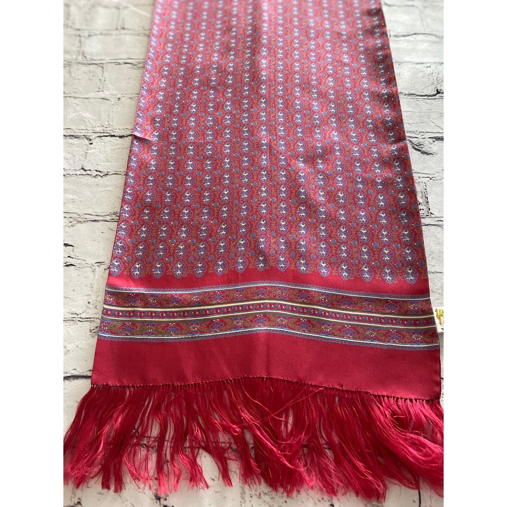 Japanese 100% Silk Fringe Vintage Red White Blue Rectangular Scarf 12"x45" NWOT - Picture 5 of 16